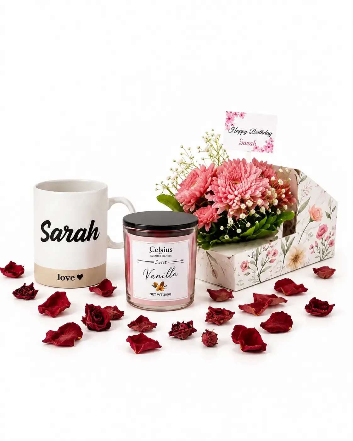 Luxury Personalized Mug, Candle & Fresh Flower Gift Box