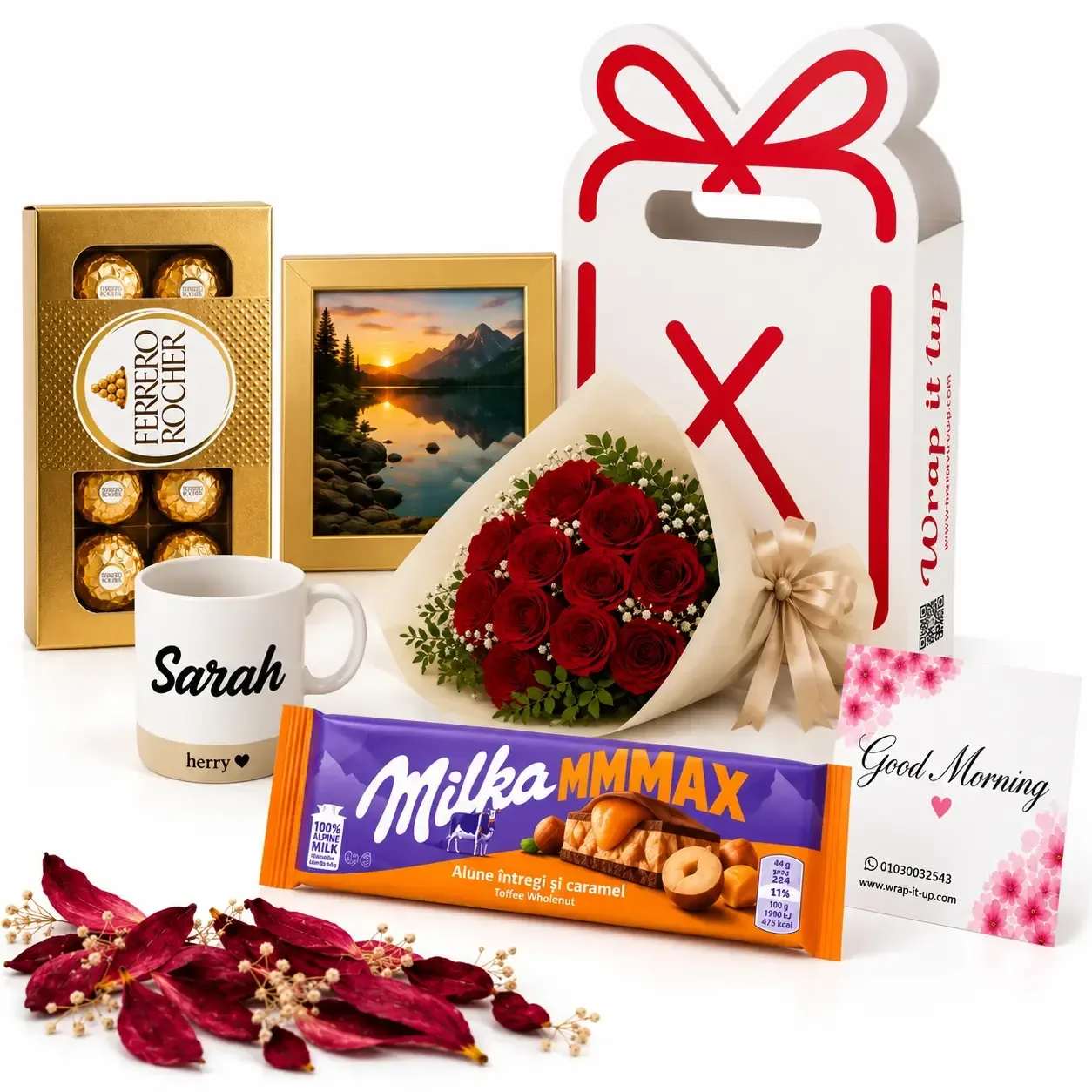 Flower Bouquet + Chocolate + Gift Bag + Greeting Card + Photo Frame
