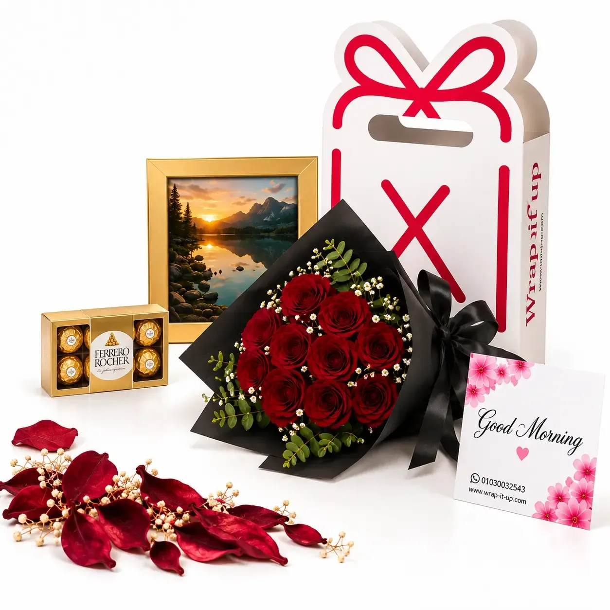 Luxury Flowers,+ Chocolates + Photo Frame + Gift Bag + Dried Flowers + Card