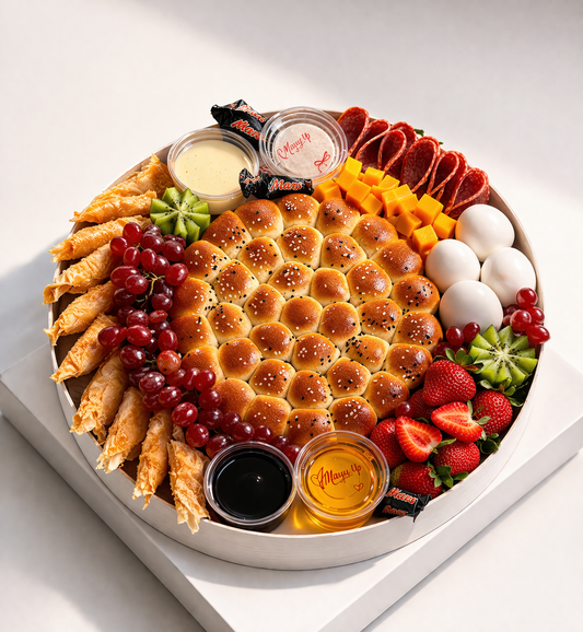 Assorted food platter with bread, fruits, and meats on a white surface